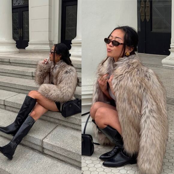 Unreal Fur Faux Fur Crop Jacket Neutral Tones Clasp Front Size Medium - Picture 1 of 8